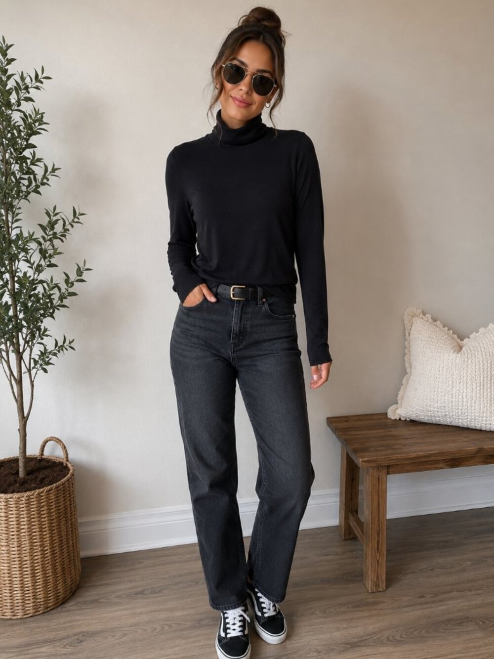 Splendid Black Turtleneck Top Size L Long Sleeve Basic Minimalist Capsule Layer